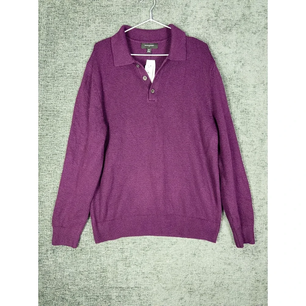 NWT Banana Republic Polo‎ Collar Button Knit Sweater Mens M Purple Cotton Preppy